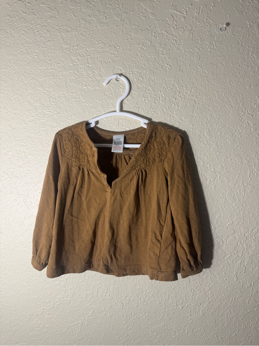Zara Baby Girl 12-18M Brown Embroidered Long Sleeve Boho Top